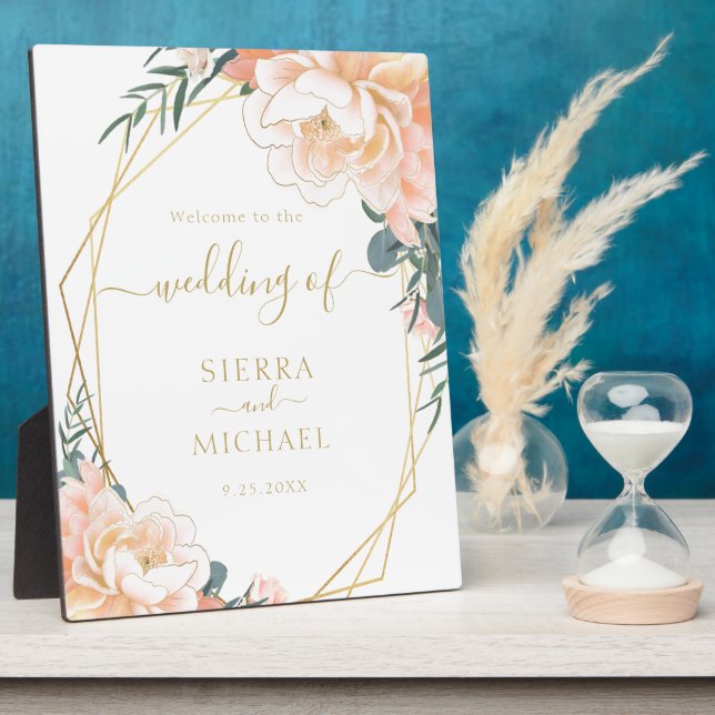 Plaque Photo Élégant Chic Blush Gold Peach Mariage floral (Côté)