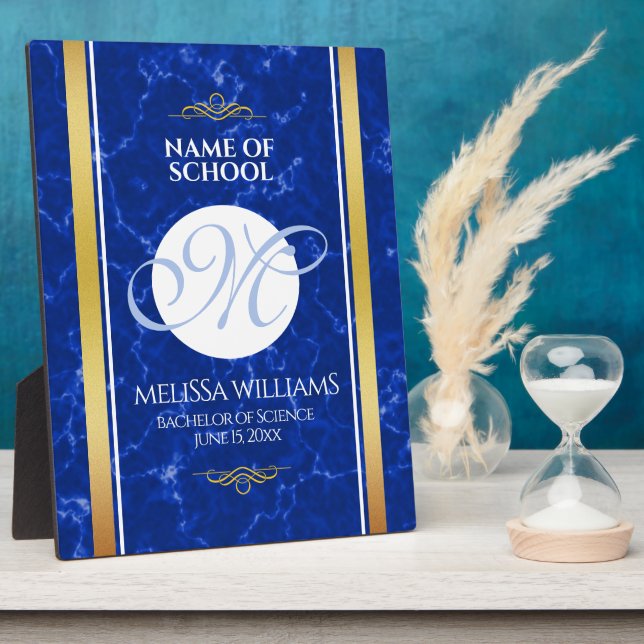 Plaque Photo Élégant Graduation Monogramme Bleu Marbre Or Huile (Côté)