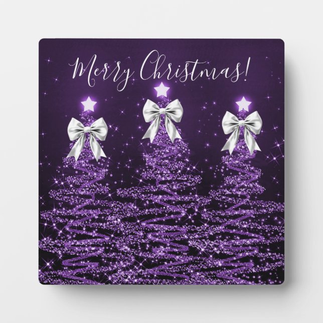 Plaque Photo Elegant Holiday Purple Christmas Trees Silver Bows (Devant)