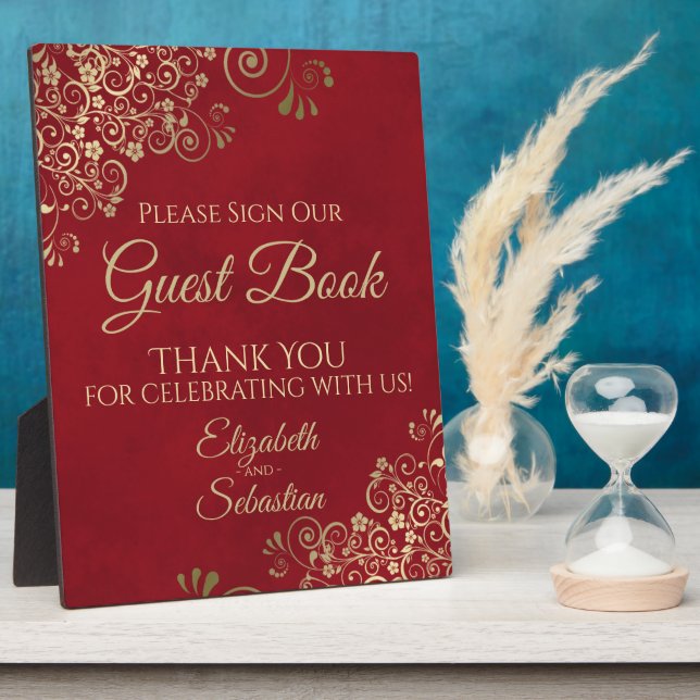 Plaque Photo Elegant rouge et or Sign Our Guest Book Wedding (Côté)