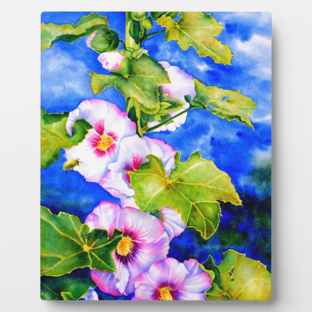 Plaque Photo Elégante aquarelle rose fleurs florales Hollyhocks (Devant)