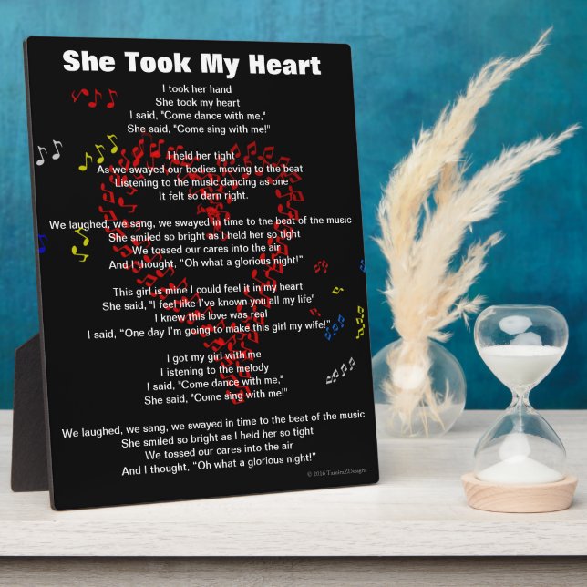 Plaque Photo Elle A Pris Mon Coeur Rouge Notes Musicales Poème (Côté)