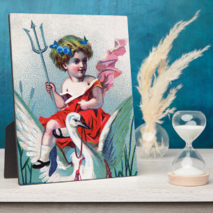 Plaque Photo Enfant et cygne du diable vintage