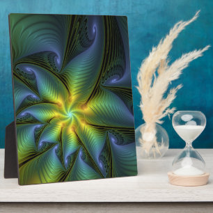 Plaque Photo Etoile Abstraite, Bleu brillant Vert Or Fractal Ar