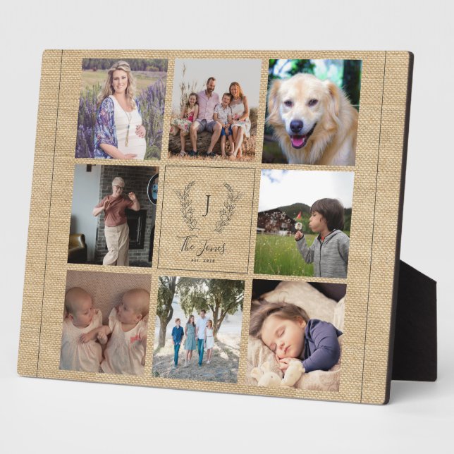 Plaque Photo Famille 8 photo collage monogramme nom rustique (Côté)