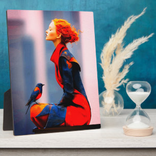 Plaque Photo Femme Surréaliste et Oiseau Élégants Cheveux Rouge