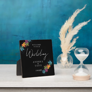 Plaque Photo Feuilles d'automne noir contraste mariage accueil