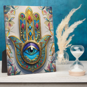 Plaque Photo Filigree couleur or bleu-vert troisième oeil Hamsa
