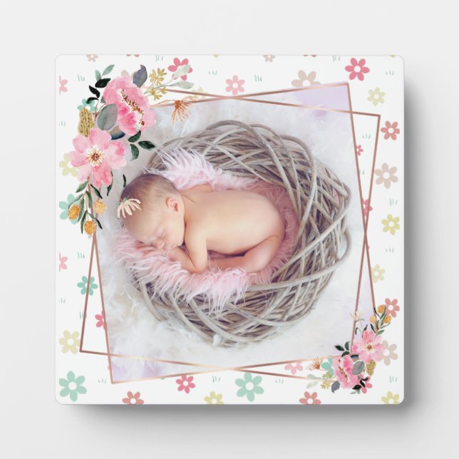 Plaque Photo Fille de bébé nouveau-né Floral Photo personnalisé (Devant)
