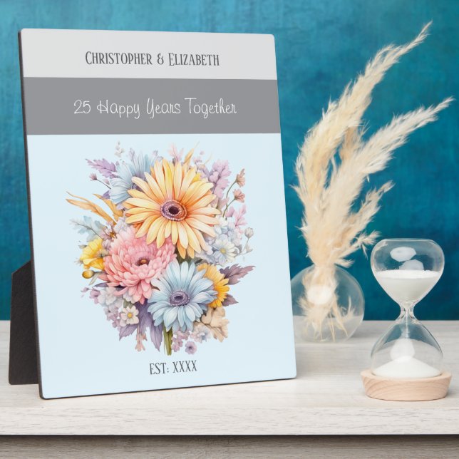 Plaque Photo Fleurs de 25e anniversaire argent noms bleu (Côté)