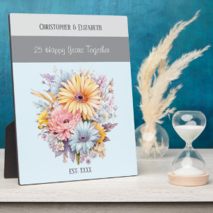 Plaque Photo Fleurs de 25e anniversaire en argent noms bleus