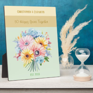 Plaque Photo Fleurs de 50e anniversaire dorées noms vertes