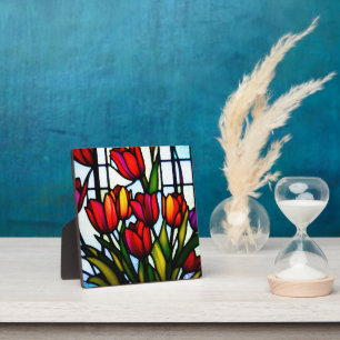 Plaque Photo "Fleurs de verre coloré : Tulipes en plomb dans la