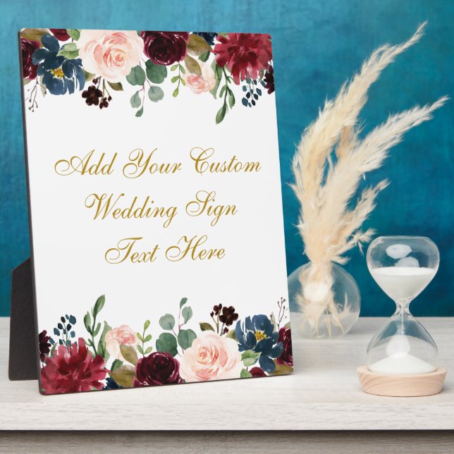 Plaque Photo Floral Burgundy Bleu Mariage Votre tableau de text (Côté)