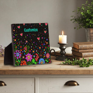 Plaque Photo Fun Floral Heart Whimsical Personnalisé Noir