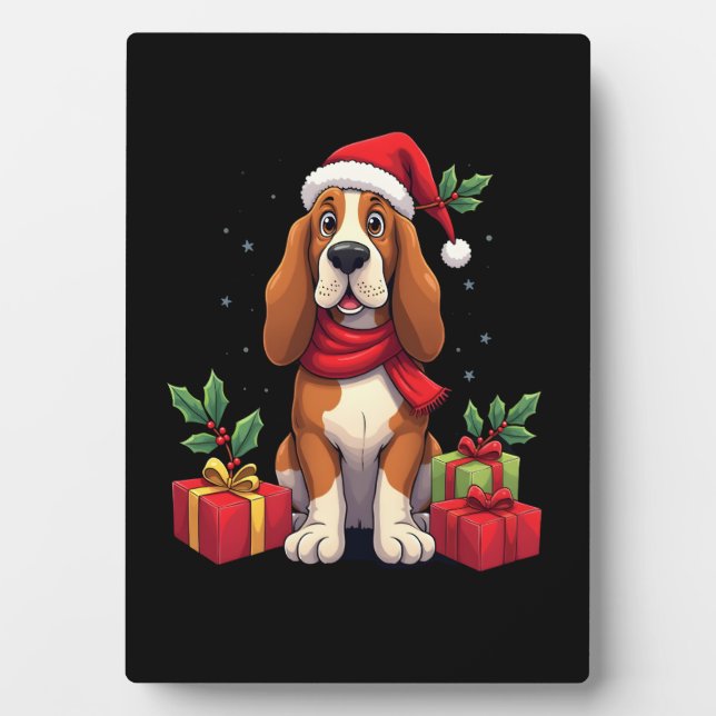 Plaque Photo Funny Basset Hound Dog Christmas Outfits Santa Hat (Devant)