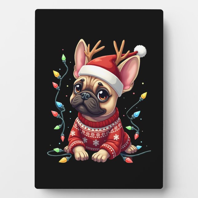 Plaque Photo Funny French Bulldog Christmas Light Santa Hat Rei (Devant)