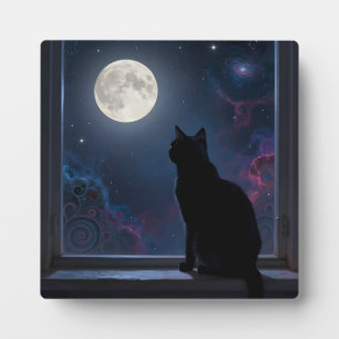 Plaque Photo Galaxie de pleine lune de chat noir Scène de fenêt