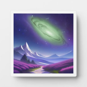 Plaque Photo Galaxie verte cosmique sur paysage de montagne vio