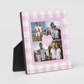 Plaque Photo Gingham élégant rose blanc 4 photo cœur d'amour