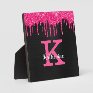 Plaque Photo Girly Black Hot Pink Glitter Drips Monogram Name