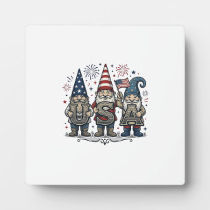 Plaque Photo Gnome Patriotique USA Chemise Vintage Quatre Juill