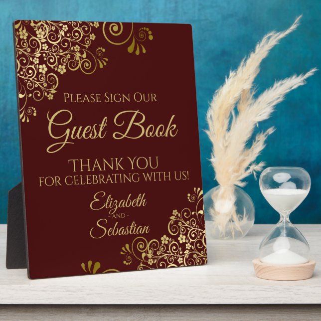 Plaque Photo Gold & Auburn Brown Sign Our Guest Book Mariage (Côté)