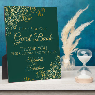 Plaque Photo Gold & Emerald Green Sign Our Guest Book Mariage