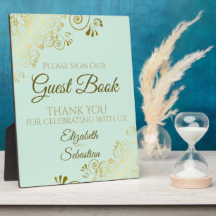 Plaque Photo Gold & Neo Mint Green Sign Our Guest Book Mariage