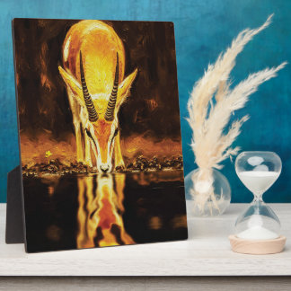 Plaque Photo Golden Gazelle Drinking Water – Textured Oil Paint