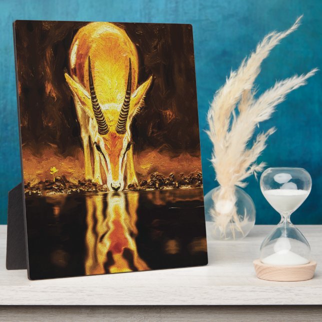 Plaque Photo Golden Gazelle Drinking Water – Textured Oil Paint (Côté)