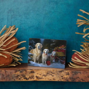 Plaque Photo Golden Retriever Enneigé Traîneau Décor Noël