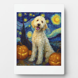 Plaque Photo Goldendoodle Chien Mignon Halloween Jack O Lantern