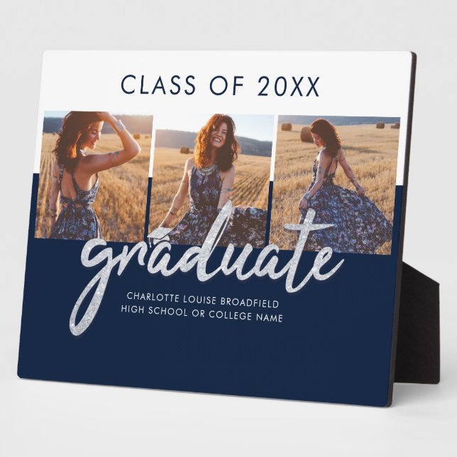 Plaque Photo Graduation 2025 Photo Collage Silver Grad Navy (Côté)