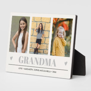 PLAQUE PHOTO GRANDMA PETITS-ENFANTS NOMS 3 PHOTOS COEURS GRAY