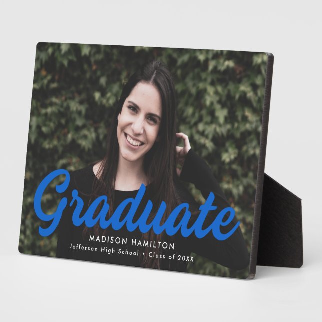 Plaque Photo Gras Bleu Script Graduation Photo (Côté)