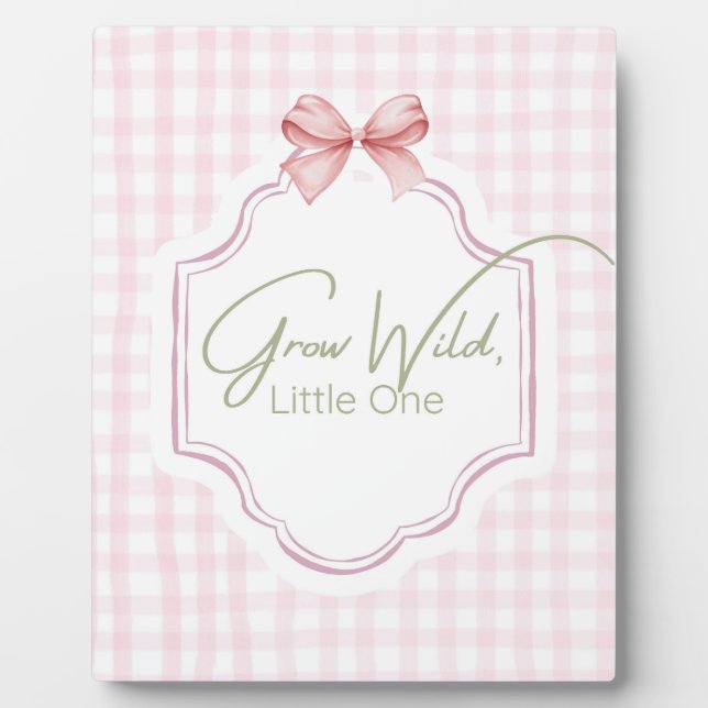 Plaque Photo Grow Wild Little One | Pink En vichy Bow Nursery Q (Devant)