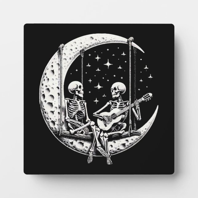 Plaque Photo Guitare de lune de couple de squelettes (Devant)
