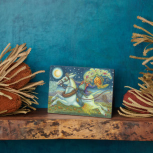 Plaque Photo Halloween HORSEMAN SCARECROW & WHTE MULE HORSEMAN