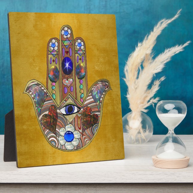 Plaque Photo Hamsa Coeurs Fleurs Opal Art sur Or (Côté)
