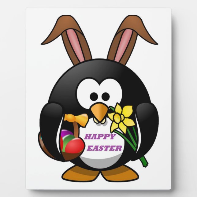 PLAQUE PHOTO "HAPPY EASTER" PENGUIN BUNNY (Devant)