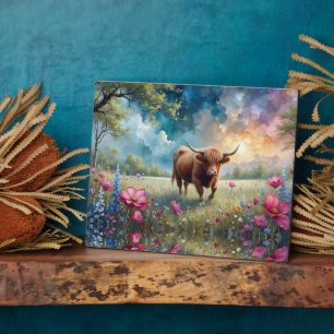 Plaque Photo Highland Cow Floral Arbre coloré et ciel