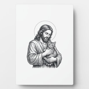 Plaque Photo Jésus vintage tenant un chat gravure graphique_1