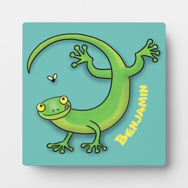 Plaque Photo Joli gecko vert salutations avec dessin animé (Devant)