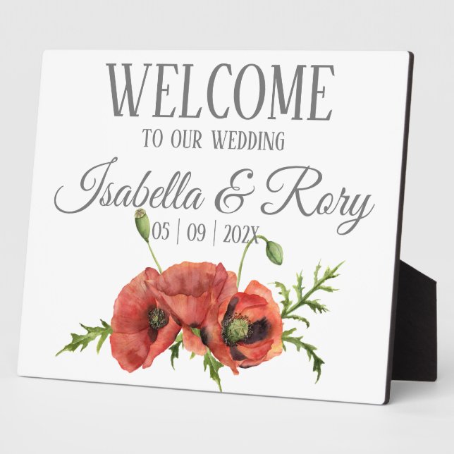 Plaque Photo Jolie aquarelle Rouge Poppies Mariages Bienvenue (Côté)