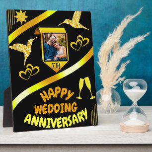 Plaque Photo Joyeux 5e anniversaire Mariage Noir & Or Moderne