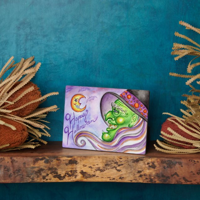 Plaque Photo Joyeux Halloween Green Witch Art déco des signes (Côté)