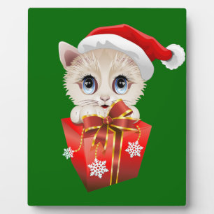 Plaque Photo Kitten Noël Père Noël avec cadeau