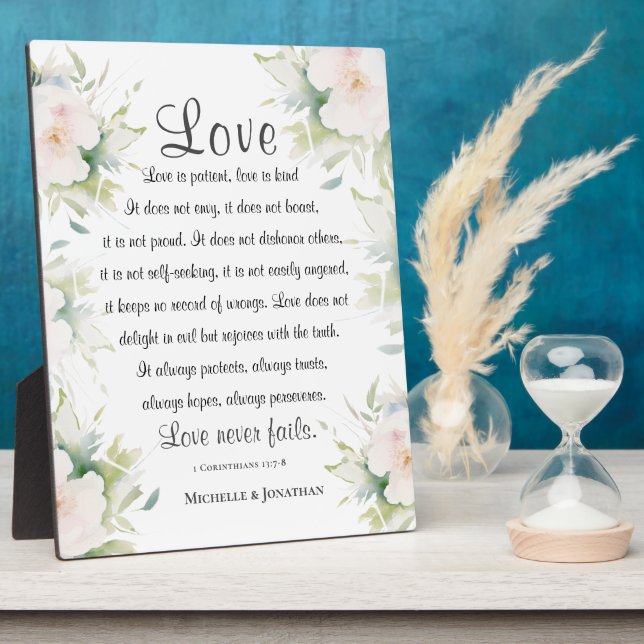Plaque Photo L'amour floral blanc n'échoue jamais Bible Verse M (Côté)