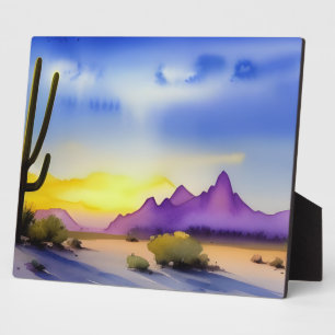Plaque Photo Lever de soleil dans le désert, aquarelle sur socl